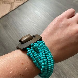 Wooden and beaded bracelet Blue Green Aqua Teal